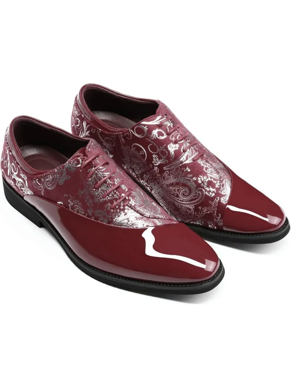 Men's Red Elegant Rubber Sole Lace Up Patent Velvet Tuxedo Formal Oxford Shoes